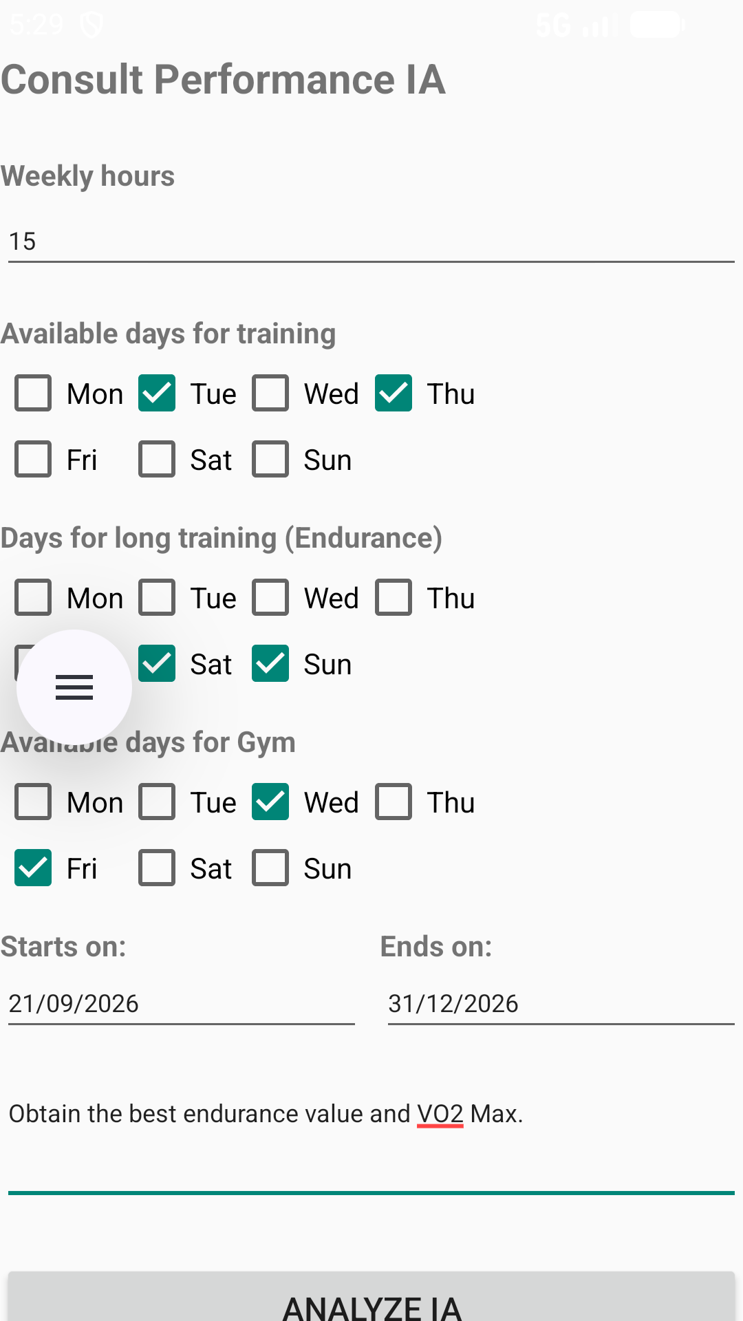 Parámetros de planificación de entrenamientos